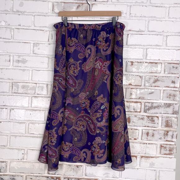 Coldwater Creek Purple Multi Paisley Flowy Layered Boho Whimsigoth Midi Skirt PL - Picture 6 of 9